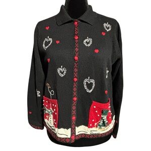 Womens Large Christmas Holiday Cardigan Sweater Karen Scott Vtg Button Up Pocket